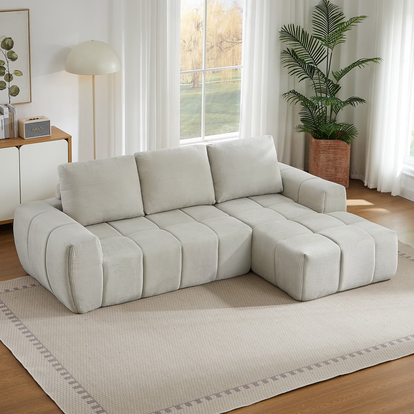 Seyakany Canapé modulaire 4 place,Canapé d'angle en gauche L avec coussins amovibles,canapés de compression,velours côtelé,Beige