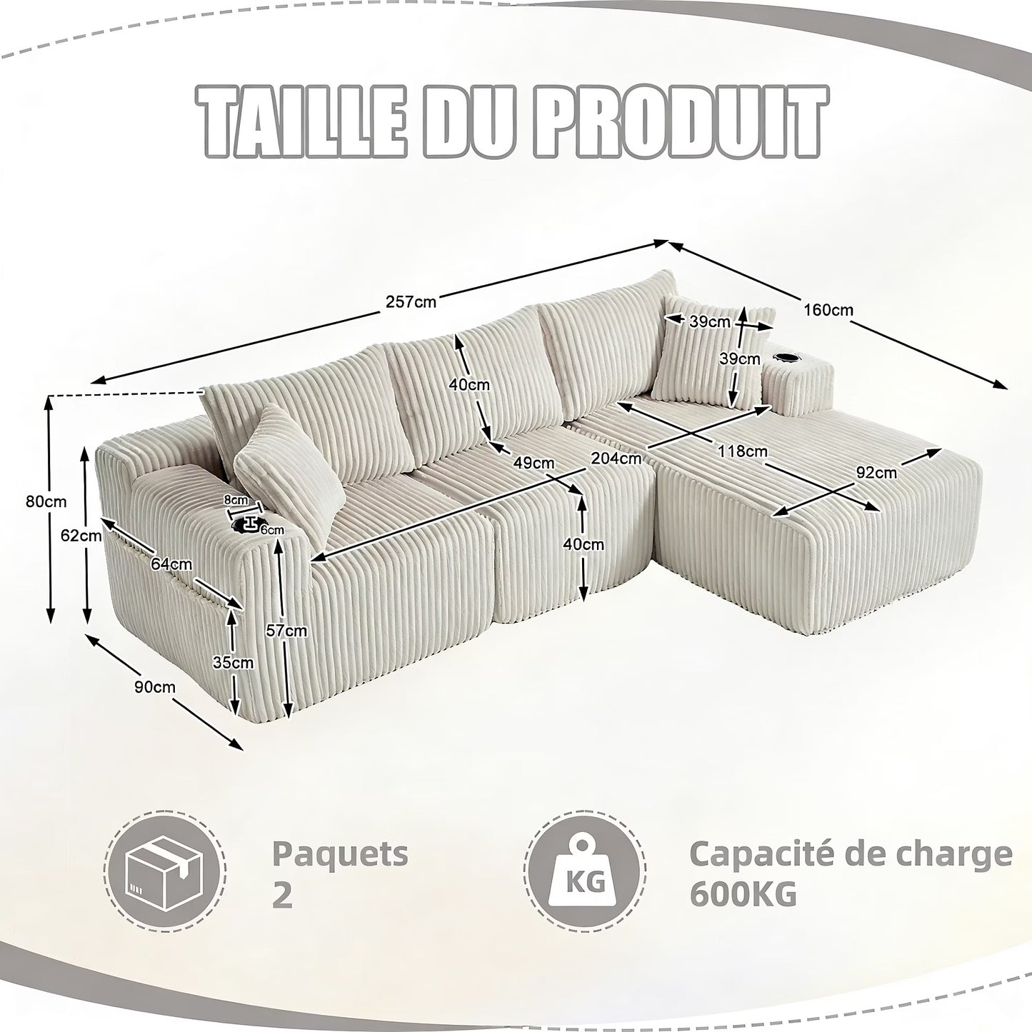Canapé modulaire 3 place,Canapé d'angle en L avec poches latérales et porte-gobelet,canapés de compression,velours côtelé,Beige