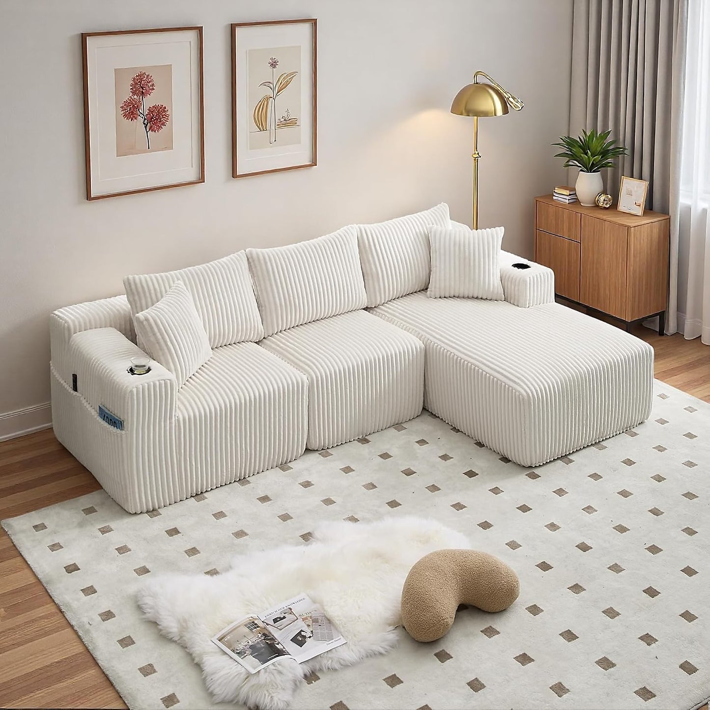 Canapé modulaire 3 place,Canapé d'angle en L avec poches latérales et porte-gobelet,canapés de compression,velours côtelé,Beige