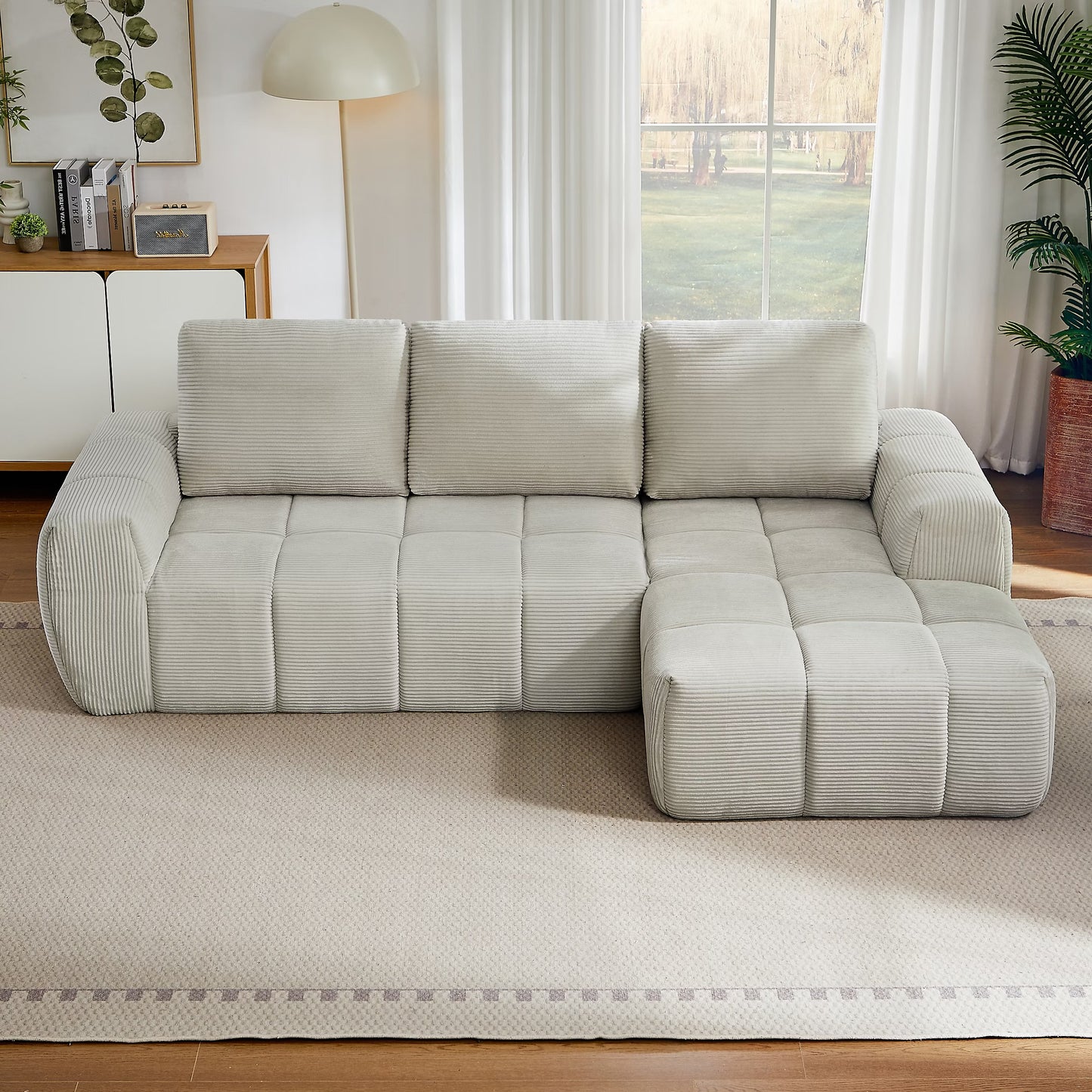 Seyakany Canapé modulaire 4 place,Canapé d'angle en gauche L avec coussins amovibles,canapés de compression,velours côtelé,Beige