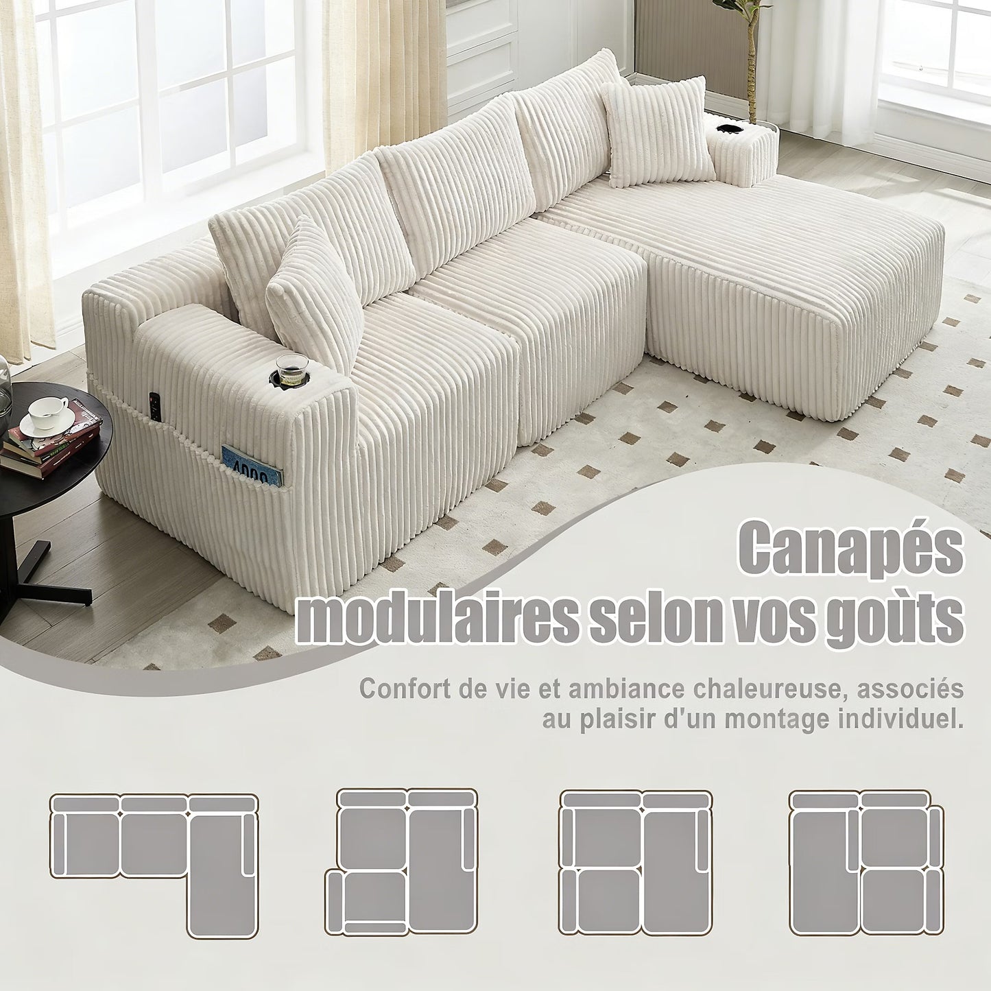 Canapé modulaire 3 place,Canapé d'angle en L avec poches latérales et porte-gobelet,canapés de compression,velours côtelé,Beige